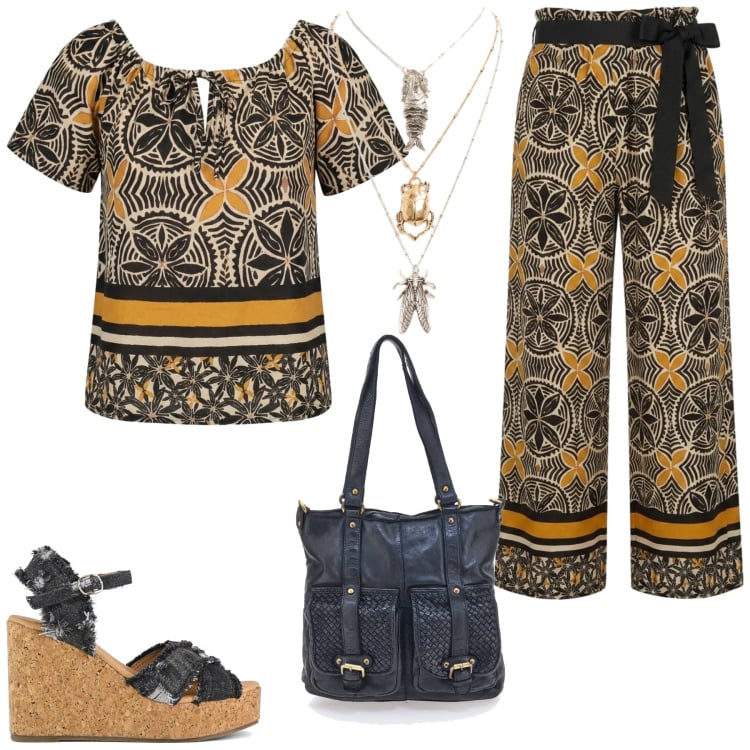 Outfit donna - Afro dance. Stile Etnico per Tutti i giorni. Abbinamento con bluse, ciondoli, pantaloni, borse a spalla, zeppe.