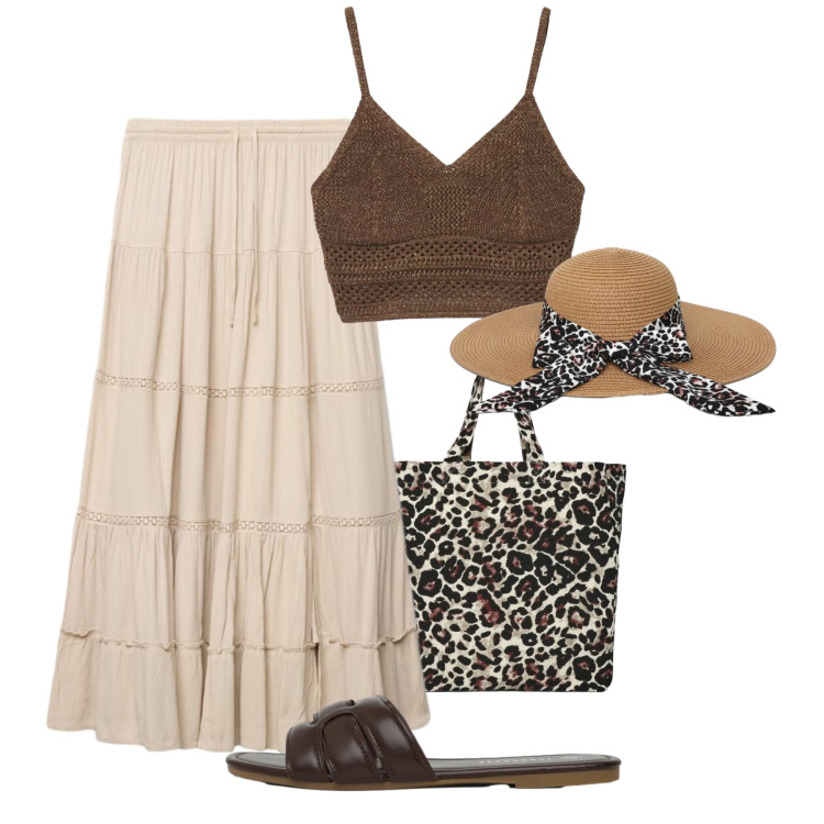 Outfit donna - Dettagli crochet e macramè. Stile Boho per Tutti i giorni. Abbinamento con gonne lunghe, top, cappelli, shopping bag, ciabatte.