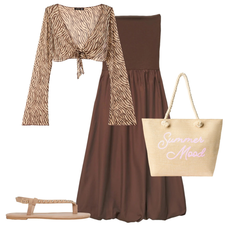 Outfit donna - Summer Terranova. Stile Casual chic per Tutti i giorni. Abbinamento con blazer, vestiti midi/longuette, borse tote, ciabatte.