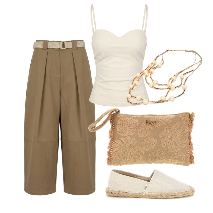 Outfit donna - Giugno. Stile Trendy per Tutti i giorni. Abbinamento con pantaloni, top, collane, espadrillas, pochette.