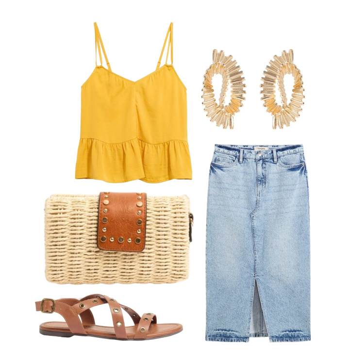 Outfit donna - Giugno. Stile Basic per Tutti i giorni. Abbinamento con gonne longuette, sandali, top, orecchini, clutch.