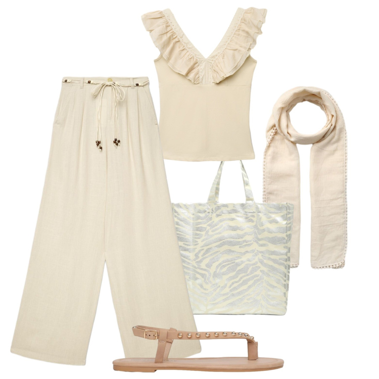 Outfit donna - Toni neutri in città. Stile Casual per Tutti i giorni. Abbinamento con pantaloni, sciarpe, canottiere, shopping bag, ciabatte.