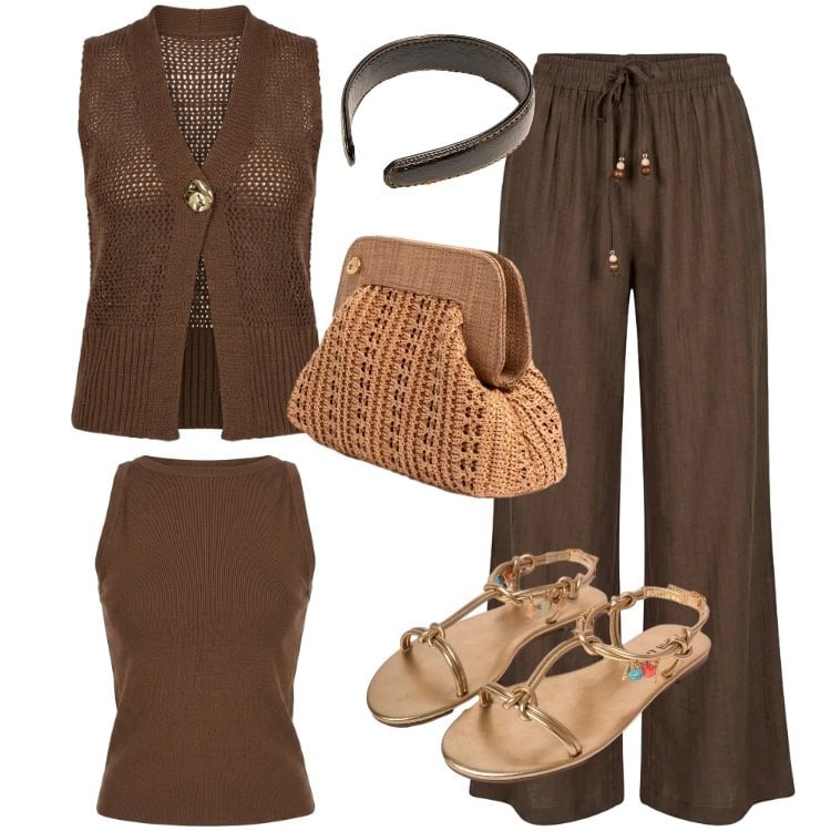 Outfit donna - Total look #2420687. Stile Etnico per Tutti i giorni. Abbinamento con pantaloni a palazzo, maglieria, canottiere, sandali in pelle, cerchietti, clutch.
