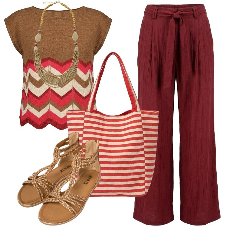Outfit donna - Total look #2420689. Stile Boho per Tutti i giorni. Abbinamento con collane, t-shirt, pantaloni a palazzo, sandali in pelle, borse tote.