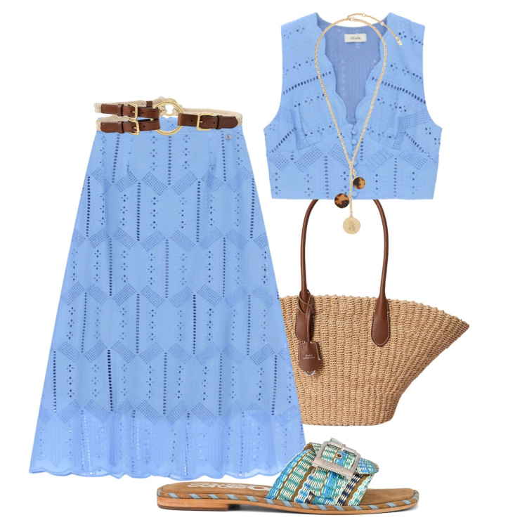 Outfit donna - I colori del mare. Stile Boho per Tutti i giorni. Abbinamento con borse tote, cinture, collane, gonne lunghe, top, ciabatte.