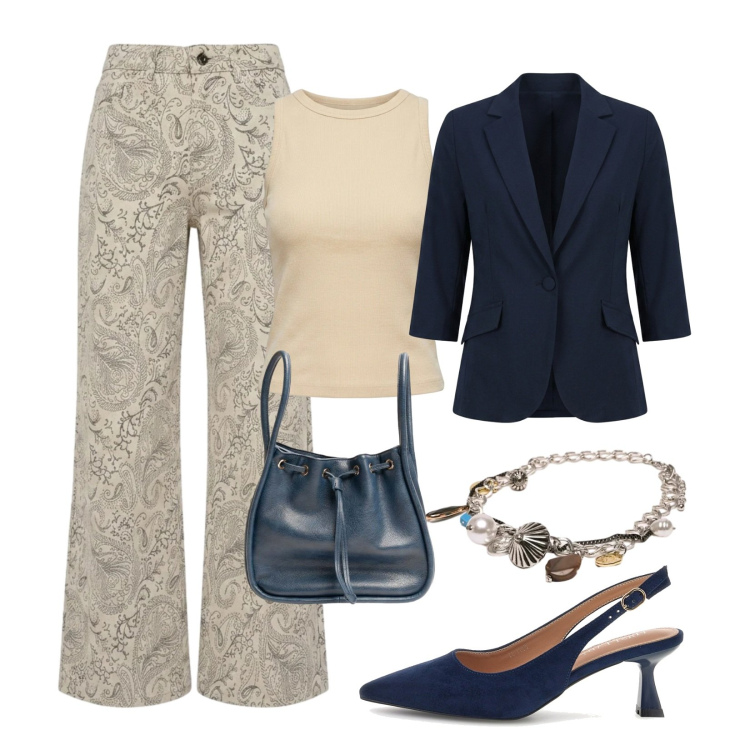 Outfit donna - Jeans stampati. Stile Casual chic per Ufficio. Abbinamento con jeans a zampa, canottiere, collane, borse a secchiello, blazer, décolleté.
