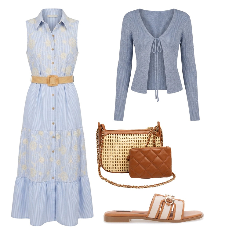 Outfit donna - Maree emotive. Stile Romantica per Tutti i giorni. Abbinamento con vestiti chemisier, borse a spalla, cardigans, ciabatte.