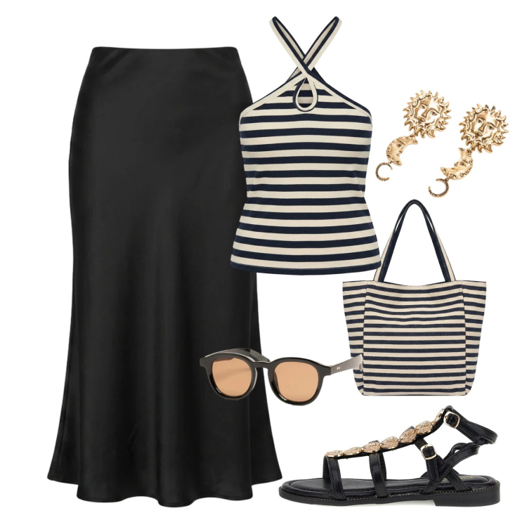 Outfit donna - Summer black and white. Stile Casual chic per Tutti i giorni. Abbinamento con canottiere, borse tote, gonne longuette, occhiali da sole, orecchini, sandali.