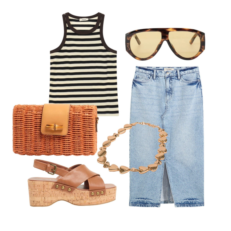 Outfit donna - Giugno. Stile Casual chic per Tutti i giorni. Abbinamento con gonne longuette, zeppe, occhiali da sole, top, borse a tracolla, collane.