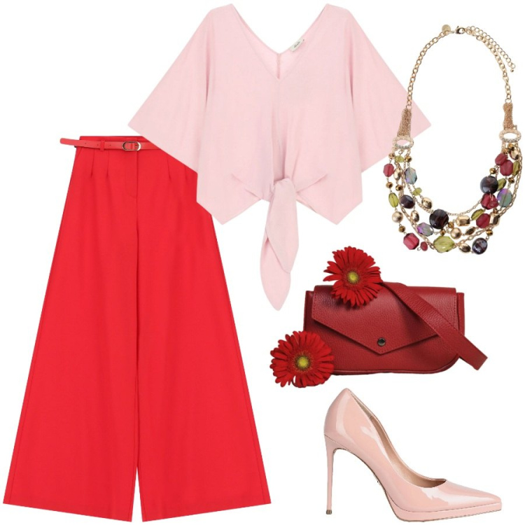 Outfit donna - Insoliti contrasti. Stile Chic per Cerimonia. Abbinamento con décolleté, pantaloni a palazzo, bluse, borse a tracolla, collane.