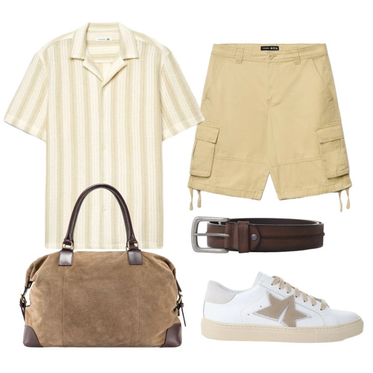 Outfit uomo - Week end in Europa. Stile Casual per Tutti i giorni. Abbinamento con camicie a manica corta, shorts, borse sportive, cinture, sneakers.