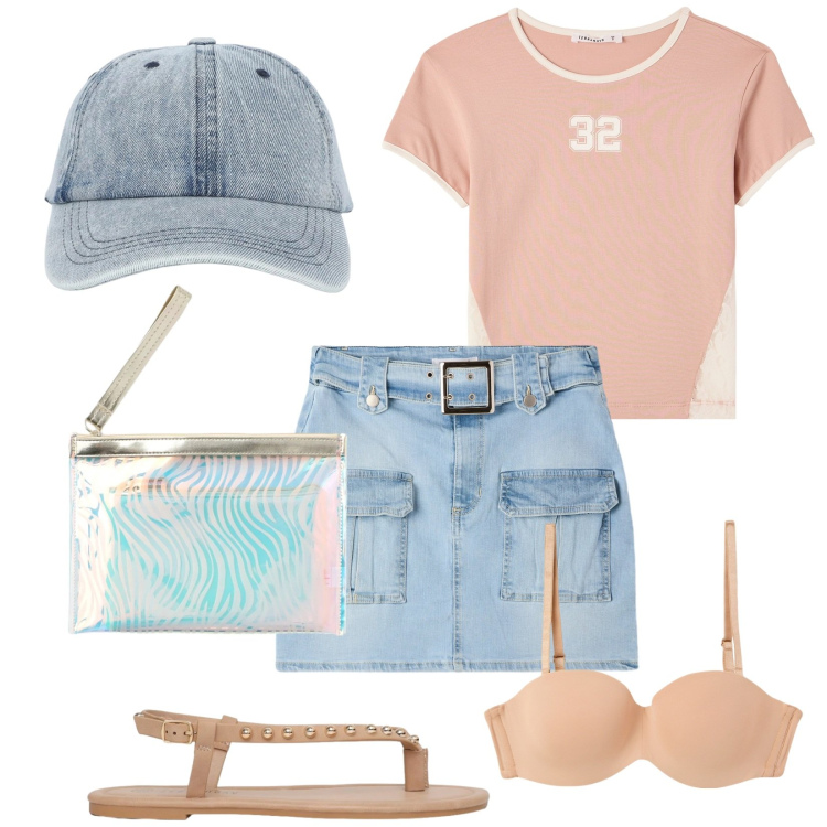 Outfit donna - Terranova. Stile Trendy per Tutti i giorni. Abbinamento con cappelli con visiera, minigonne, ciabatte, t-shirt, reggiseni, pochette.