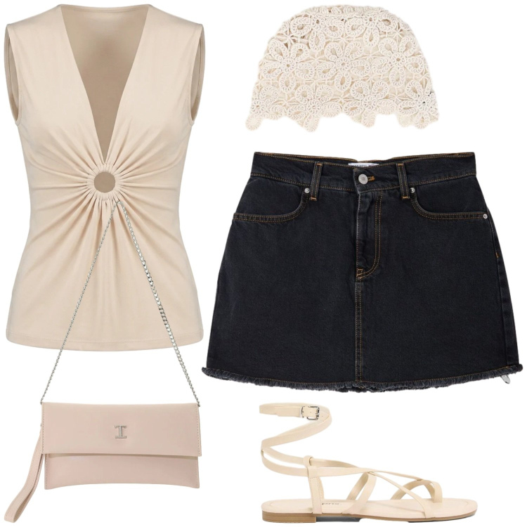 Outfit donna - Canotta con drappeggio. Stile Minimal per Tutti i giorni. Abbinamento con sandali, minigonne, borse a tracolla, cappotti, top.