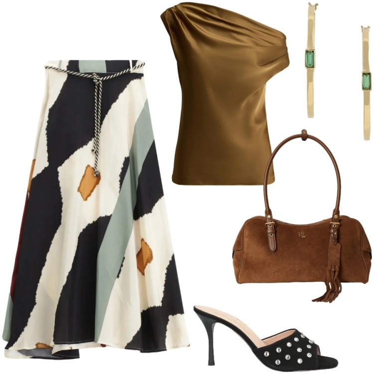 Outfit donna - Serata fuori. Stile Chic per Serata fuori. Abbinamento con sandali in pelle, top, borse a spalla, orecchini, gonne lunghe.