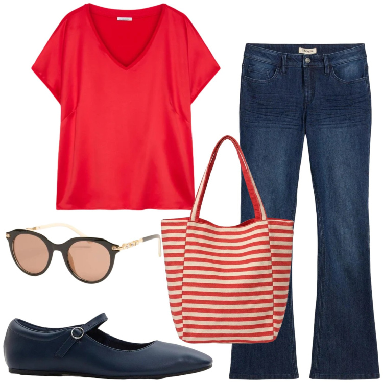 Outfit donna - Total look #2420726. Stile Casual chic per Tutti i giorni. Abbinamento con jeans a zampa, ballerine, t-shirt, borse tote, occhiali da sole.
