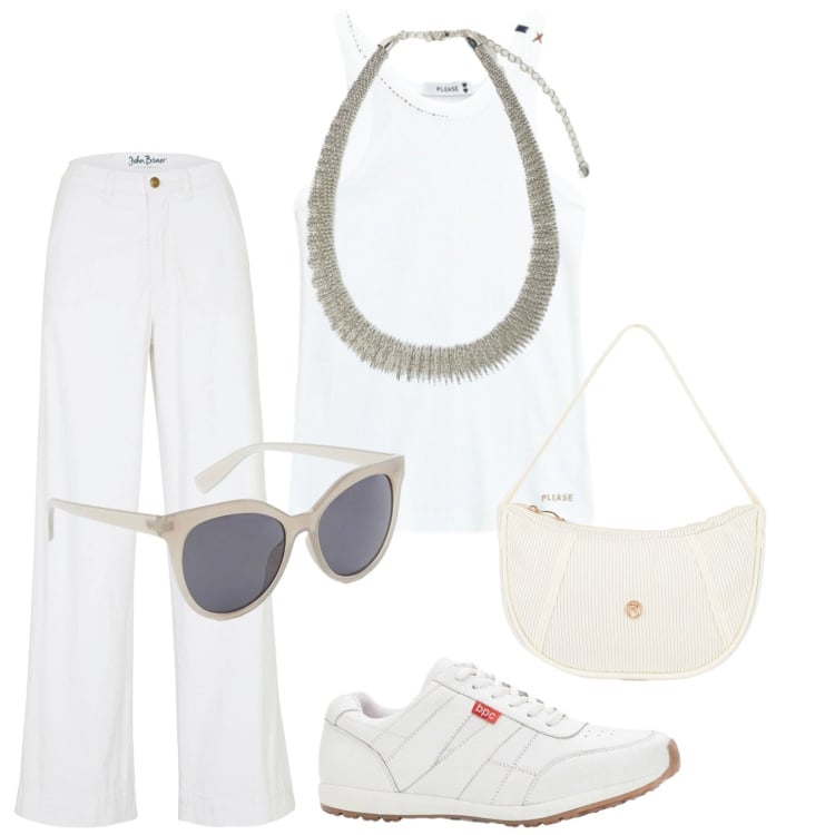 Outfit donna - Giugno White. Stile Trendy per Tutti i giorni. Abbinamento con jeans, sneakers, occhiali da sole, top, borse a mano, collane.