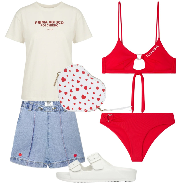 Outfit donna - Cuori al mare. Stile Trendy per Mare. Abbinamento con portafogli, bikini, bikini, ciabatte, shorts, t-shirt.
