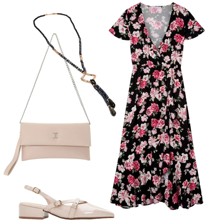 Outfit donna - In giro per mostre. Stile Romantica per Tutti i giorni. Abbinamento con décolleté, vestiti lunghi, collane, borse a tracolla.