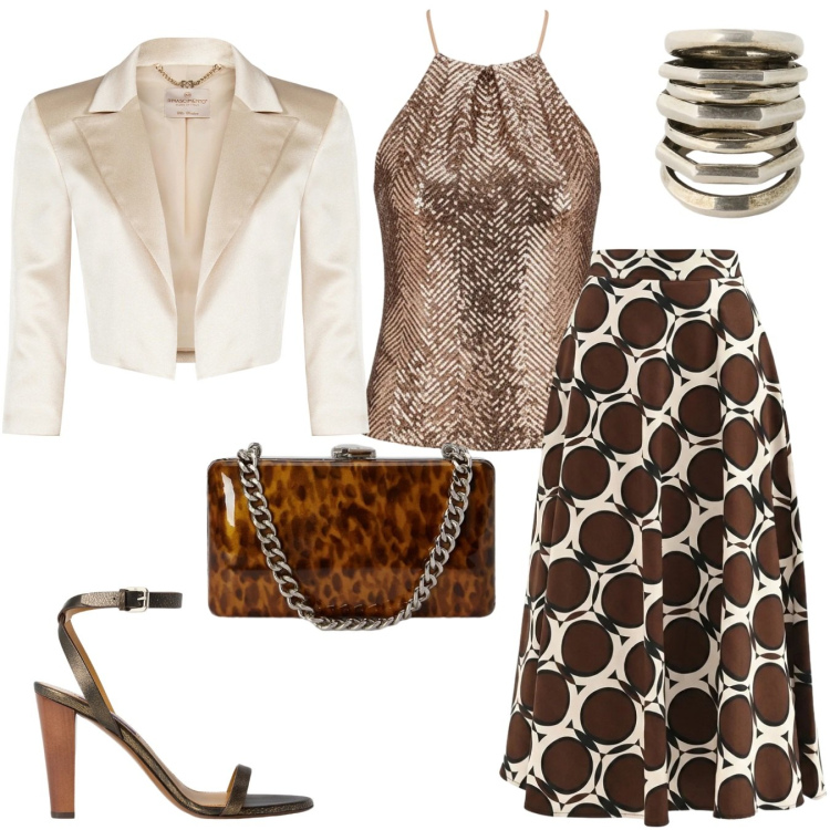 Outfit donna - Estate da star. Stile Glamour per Cerimonia. Abbinamento con gonne lunghe, canottiere, bolero, anelli, clutch, sandali col tacco.