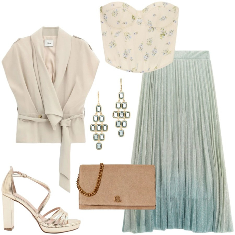 Outfit donna - Romantica. Stile Romantica per Cerimonia. Abbinamento con top, sandali col tacco, borse a tracolla, orecchini, gonne lunghe, blazer.