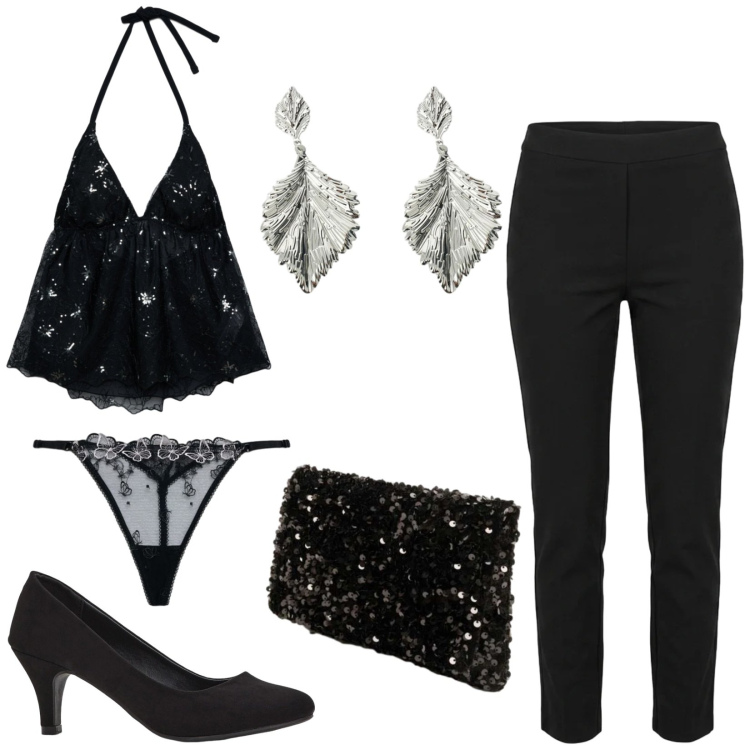 Outfit donna - Total look #2420749. Stile Sexy per Serata fuori. Abbinamento con décolleté, perizomi, top, orecchini, pantaloni, clutch.