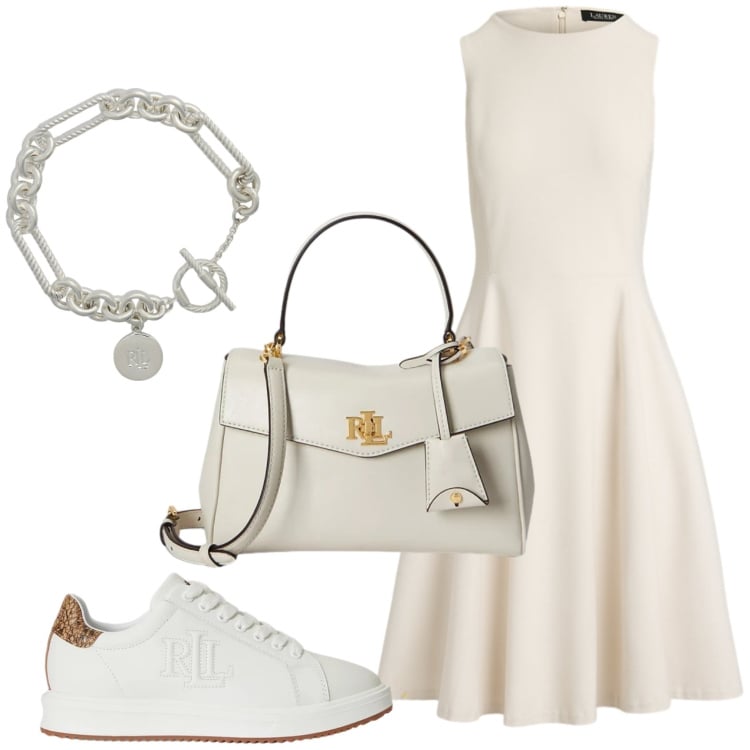 Outfit donna - Total white di giugno. Stile Chic per Ufficio. Abbinamento con vestiti corti, borse a mano, braccialetti, sneakers.