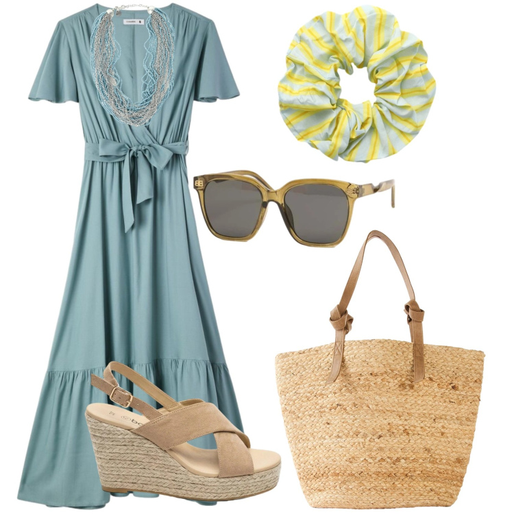 Outfit donna - Total look #2420752. Stile Basic per Tutti i giorni. Abbinamento con shopping bag, sandali col tacco, vestiti lunghi, accessori per capelli, collane, occhiali da sole.
