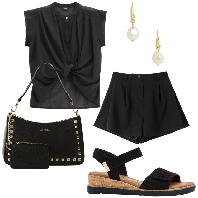 Outfit donna - Sandali protagonisti. Stile Chic per Tutti i giorni. Abbinamento con sandali, shorts, borse a spalla, orecchini, camicie a manica corta.