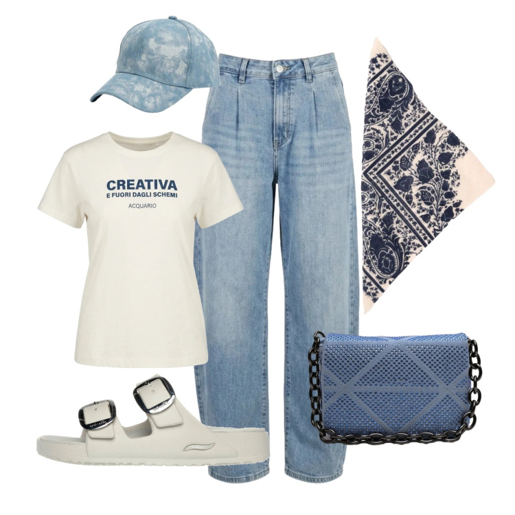 Outfit donna - Denim sempre attuale. Stile Urban per Mare. Abbinamento con jeans, borse a tracolla, t-shirt, cappelli con visiera, foulard, ciabatte.