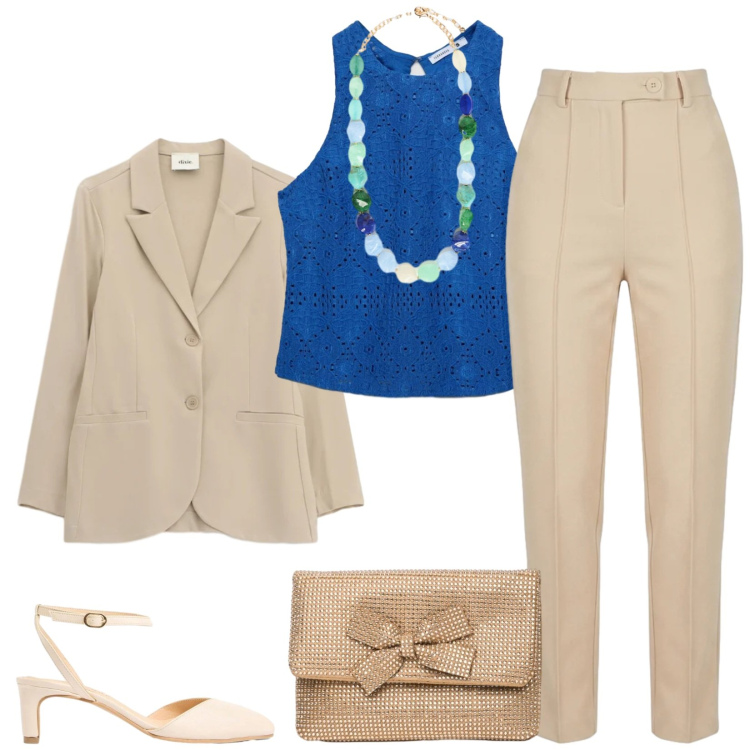 Outfit donna - Total look #2420756. Stile Chic per Cerimonia. Abbinamento con décolleté, top, collane, blazer, pantaloni, clutch.