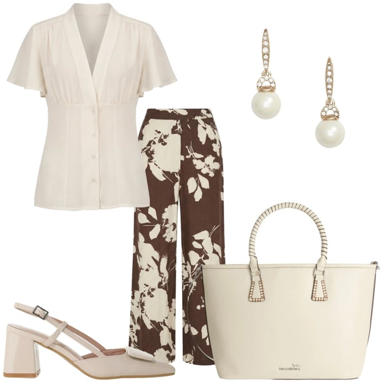 Outfit donna - Semplice elegante. Stile Casual chic per Tutti i giorni. Abbinamento con shopping bag, décolleté, orecchini, camicie a manica corta, pantaloni a palazzo.