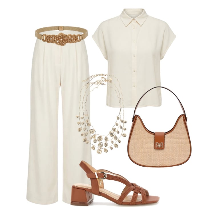 Outfit donna - La forza del bianco. Stile Glamour per Tutti i giorni. Abbinamento con borse a spalla, collane, pantaloni a palazzo, camicie a manica corta, cinture, sandali in pelle.