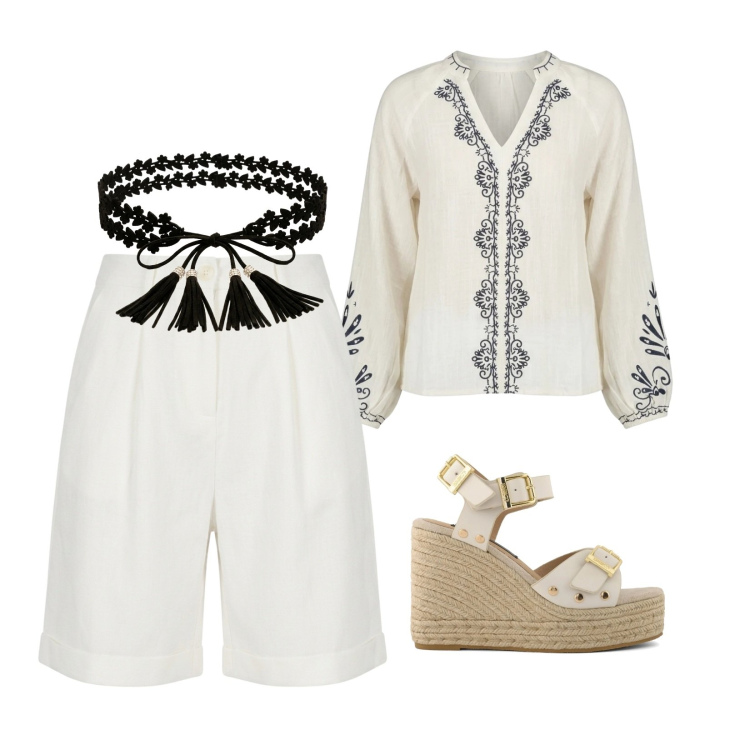 Outfit donna - Etno Summer. Stile Etnico per Mare. Abbinamento con bermuda, bluse, cinture, zeppe.