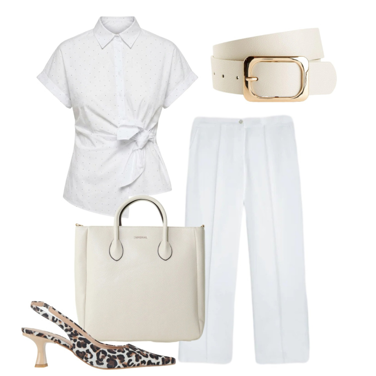 Outfit donna - Total white di giugno. Stile Casual chic per Ufficio. Abbinamento con décolleté, cinture, borse a tracolla, pantaloni, camicie a manica corta.