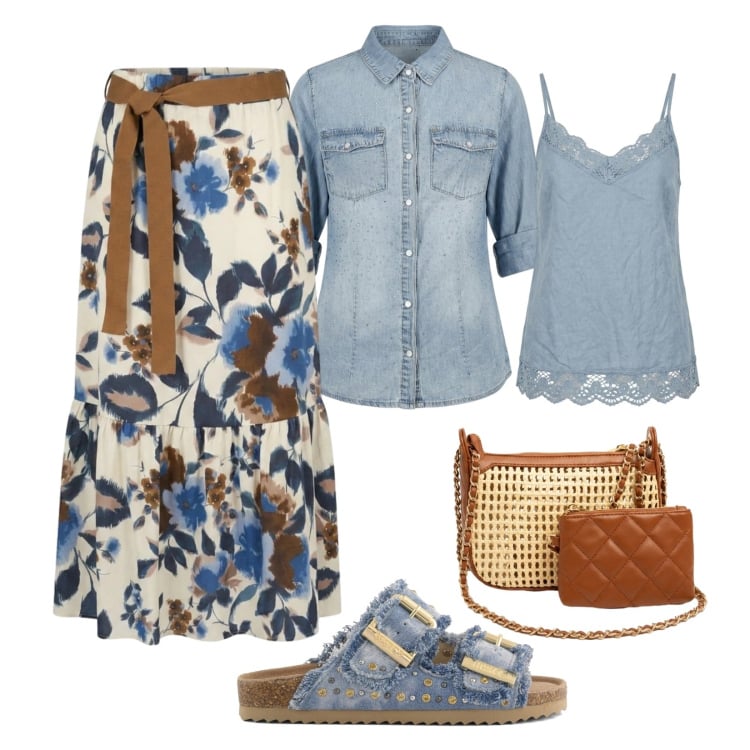 Outfit donna - Summer Nuna Lie. Stile Trendy per Tutti i giorni. Abbinamento con gonne lunghe, canottiere, borse a spalla, camicie a manica corta, sandali.