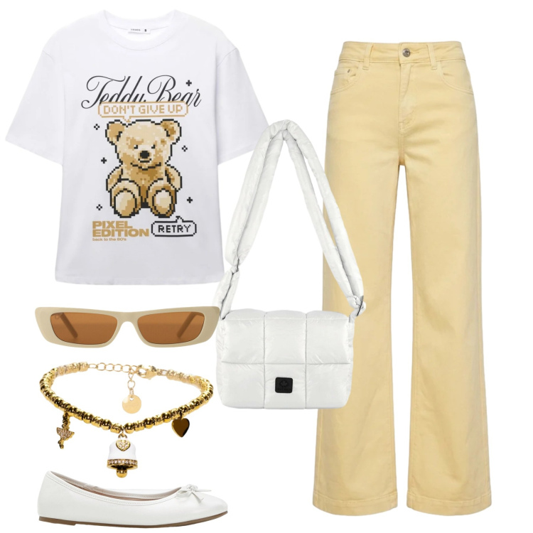 Outfit donna - Solare. Stile Casual per Tutti i giorni. Abbinamento con ballerine, t-shirt, occhiali da sole, braccialetti, borse a spalla, pantaloni.
