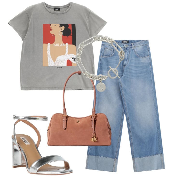 Outfit donna - Sandali protagonisti. Stile Casual chic per Tutti i giorni. Abbinamento con sandali in pelle, braccialetti, borse a mano, t-shirt, jeans.