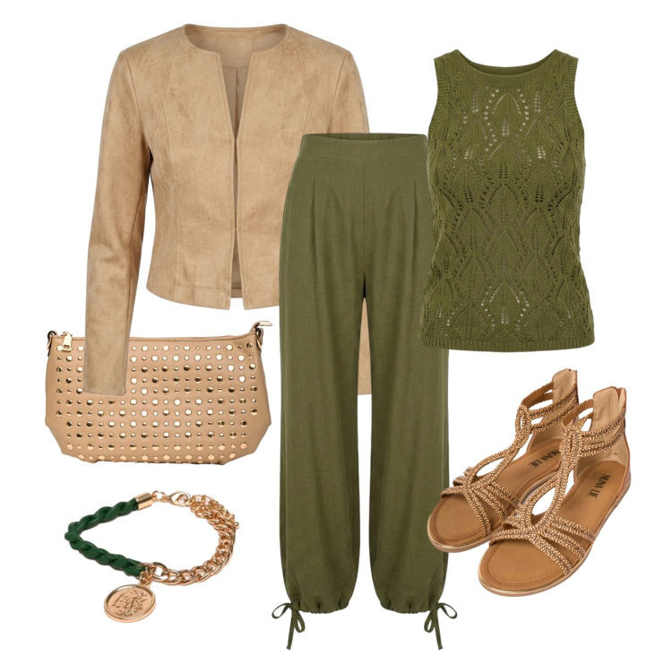 Outfit donna - Femminilità contemporanea. Stile Trendy per Tutti i giorni. Abbinamento con pantaloni a palazzo, canottiere, blazer, sandali in pelle, borse a tracolla, braccialetti.