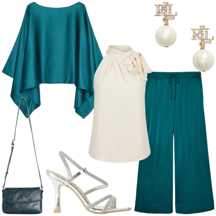 Outfit donna - Total look #2420790. Stile Chic per Cerimonia. Abbinamento con borse a tracolla, sandali col tacco, cappe, pantaloni, orecchini, top.