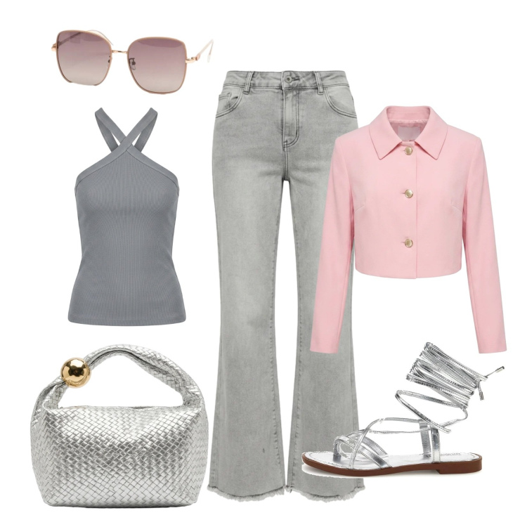 Outfit donna - Accessori di tendenza. Stile Trendy per Serata fuori. Abbinamento con jeans a zampa, cappotti, borse a mano, canottiere, occhiali da sole, sandali.