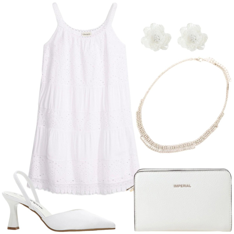 Outfit donna - Total White Summer. Stile Glamour per Tutti i giorni. Abbinamento con décolleté, vestiti, orecchini, collane, borse a tracolla.