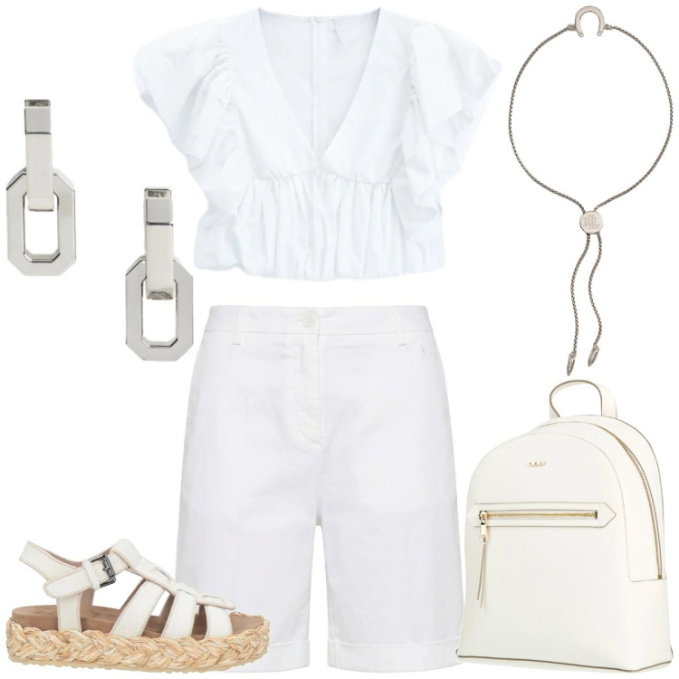 Outfit donna - Total relax in White. Stile Casual chic per Tutti i giorni. Abbinamento con espadrillas, zaini, bermuda, top, braccialetti con ciondoli, orecchini.