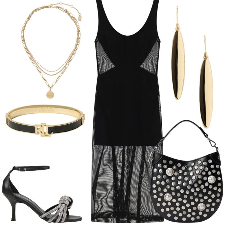 Outfit donna - Total black. Stile Sexy per Tutti i giorni. Abbinamento con sandali in pelle, vestiti midi/longuette, ciondoli, braccialetti, orecchini, borse a mano.
