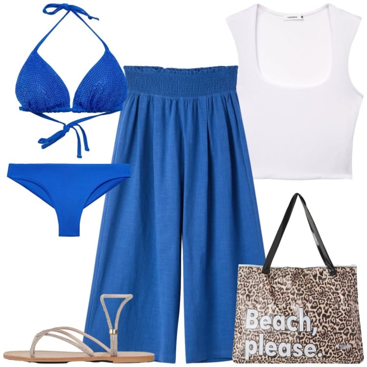 Outfit donna - Island vibe. Stile Trendy per Tutti i giorni. Abbinamento con pantaloni, top, bikini, borse tote, sandali, bikini.