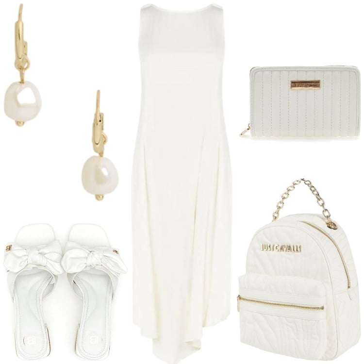 Outfit donna - Total White elegant. Stile Romantica per Tutti i giorni. Abbinamento con zaini, vestiti asimmetrici, orecchini, ciabatte, portafogli.