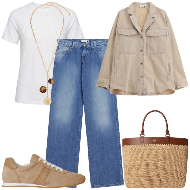 Outfit donna - Al lavoro. Stile Basic per Tutti i giorni. Abbinamento con t-shirt, jeans dritti, cappotti, sneakers, collane, borse tote.