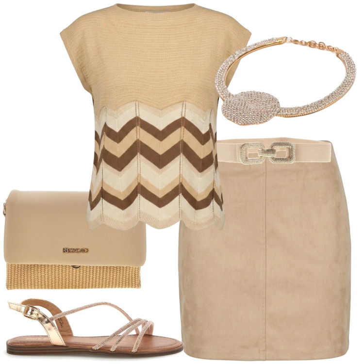Outfit donna - Colori Neutri. Stile Casual per Tutti i giorni. Abbinamento con t-shirt, minigonne, collane, cinture, borse a spalla, sandali.