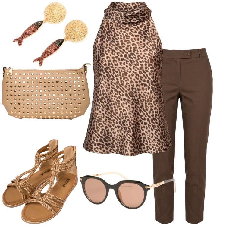 Outfit donna - Nuda Lie. Stile Casual per Tutti i giorni. Abbinamento con canottiere, orecchini, sandali in pelle, borse a tracolla, occhiali da sole, pantaloni.