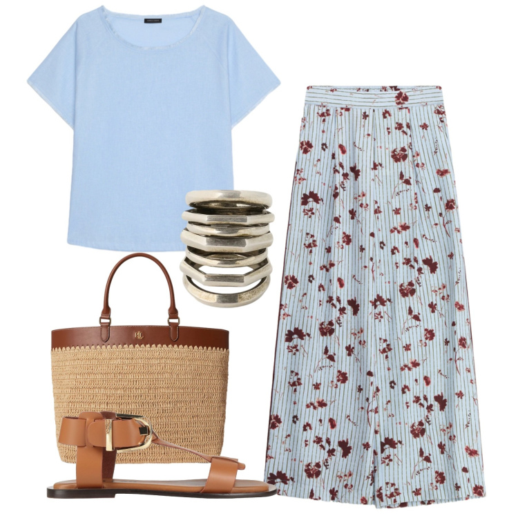 Outfit donna - Sandali protagonisti. Stile Bon Ton per Tutti i giorni. Abbinamento con sandali alla schiava, t-shirt, anelli, borse tote, pantaloni a palazzo.