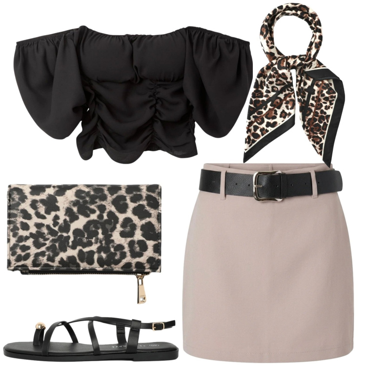 Outfit donna - Animalier. Stile Casual chic per Serata fuori. Abbinamento con minigonne, bluse, sandali, foulard, portafogli.